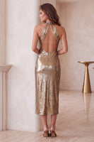 Load image into Gallery viewer, Metallic Champagne Sheath Halter Long Formal Dress with Keyhole