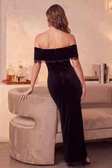 Black Mermaid Velvet Off the Shoulder Long Formal Dress with Beading