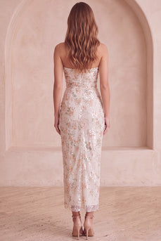 Sparkly Ivory Floral Sheath Ruched Sequin Sweetheart Long Formal Dress