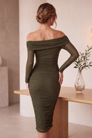 Load image into Gallery viewer, Bodycon Olive Off the Shoulder Ruched Midi Formal Dress with Sleeves