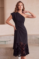 Load image into Gallery viewer, Black Bodycon Ruched One Shoulder Midi Formal Dress with Lace