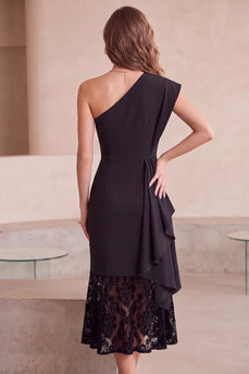 Black Bodycon Ruched One Shoulder Midi Formal Dress with Lace