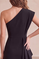 Load image into Gallery viewer, Black Bodycon Ruched One Shoulder Midi Formal Dress with Lace