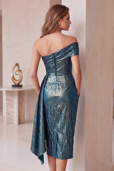 Slate Blue Sparkly Bodycon Metallic Ruched One Shoulder Midi Formal Dress with Pockets