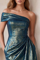 Load image into Gallery viewer, Slate Blue Sparkly Bodycon Metallic Ruched One Shoulder Midi Formal Dress with Pockets