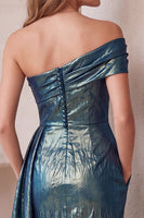 Load image into Gallery viewer, Slate Blue Sparkly Bodycon Metallic Ruched One Shoulder Midi Formal Dress with Pockets