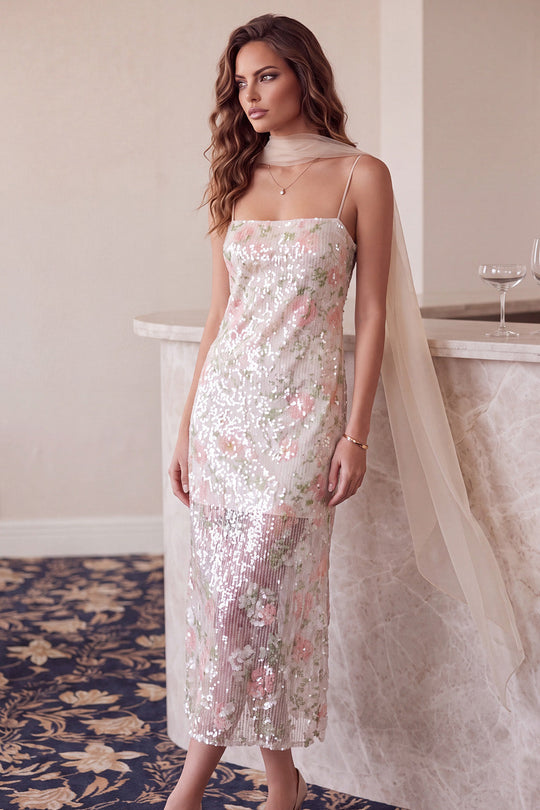 Floral Sparkly Ivory Sequin Sheath Long Formal Dress with Neck Scarf