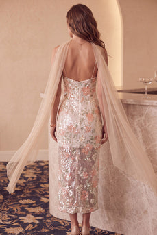 Floral Sparkly Ivory Sequin Sheath Long Formal Dress with Neck Scarf