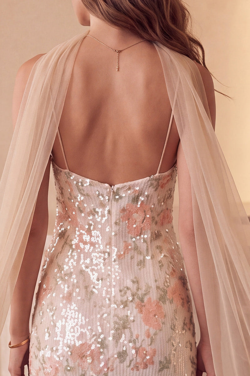 Load image into Gallery viewer, Floral Sparkly Ivory Sequin Sheath Long Formal Dress with Neck Scarf