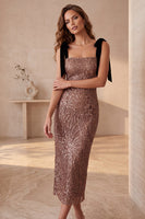 Load image into Gallery viewer, Coffee Sparkly Sequin Bodycon Square Neck Long Formal Dress with Bows