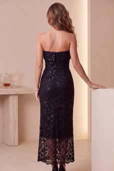 Sparkly Black Sequin Sheath Long Formal Dress with Lace