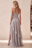 Load image into Gallery viewer, Sparkly Silver Floral Ruffled Sweetheart Seuqin Long Formal Dress with Slit