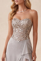 Load image into Gallery viewer, Sparkly Silver Floral Ruffled Sweetheart Seuqin Long Formal Dress with Slit