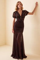 Load image into Gallery viewer, Mermaid Brown V-Neck Sequin Ruched Puff Sleeves Long Formal Dress