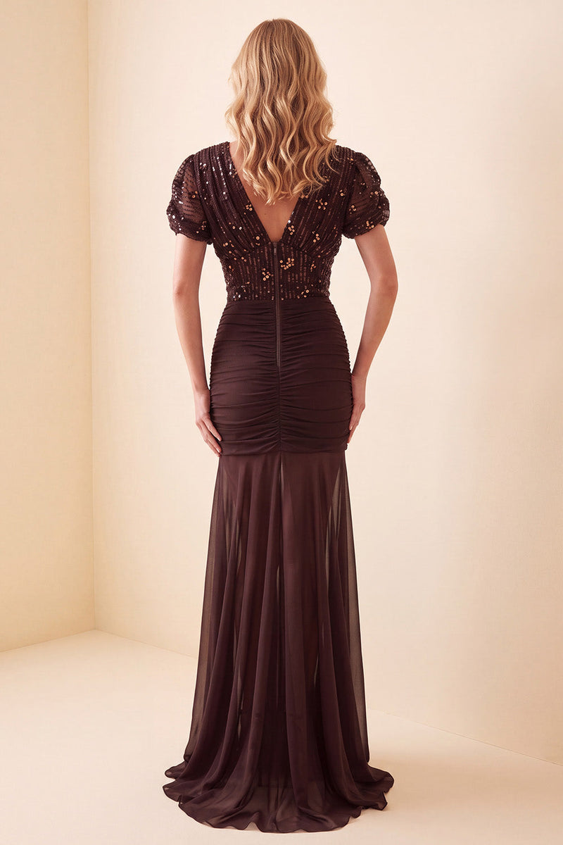 Load image into Gallery viewer, Mermaid Brown V-Neck Sequin Ruched Puff Sleeves Long Formal Dress