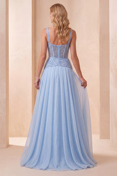 Sky Blue A-Line Corset Long Formal Dress with Sequins