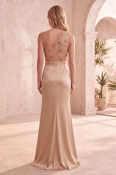Champagne Sequin One Shoulder Ruched Long Formal Dress with Sash