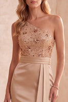 Load image into Gallery viewer, Champagne Sequin One Shoulder Ruched Long Formal Dress with Sash