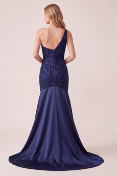 Sparkly Dark Blue Mermaid Satin One Shoulder Long Formal Dress with Sequins