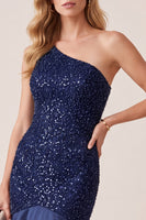 Load image into Gallery viewer, Sparkly Dark Blue Mermaid Satin One Shoulder Long Formal Dress with Sequins