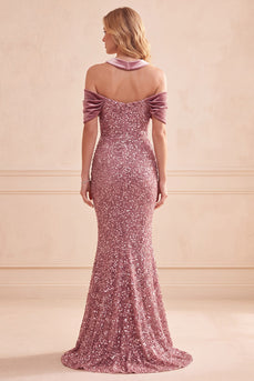 Sparkly Desert Rose Mermaid Sequin Halter Long Formal Dress