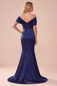 Simple Dark Blue Off the Shoulder Mermaid Satin Long Formal Dress