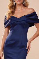 Load image into Gallery viewer, Simple Dark Blue Off the Shoulder Mermaid Satin Long Formal Dress