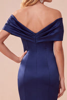 Load image into Gallery viewer, Simple Dark Blue Off the Shoulder Mermaid Satin Long Formal Dress