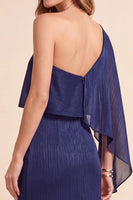 Load image into Gallery viewer, Dark Blue Sheath One Shoulder Long Formal Dress with Side Cape
