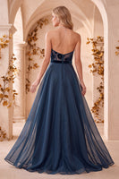 Load image into Gallery viewer, Navy Floral A Line Sweetheart Long Formal Dress