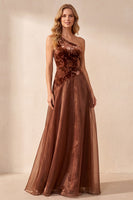 Load image into Gallery viewer, Coffee A-Line One Shoulder Floral Velevt Long Formal Dress