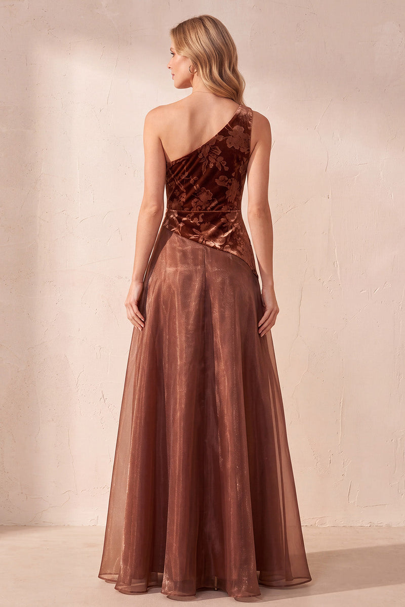 Load image into Gallery viewer, Coffee A-Line One Shoulder Floral Velevt Long Formal Dress