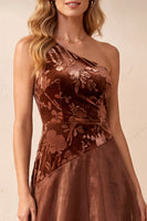 Load image into Gallery viewer, Coffee A-Line One Shoulder Floral Velevt Long Formal Dress
