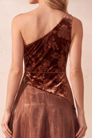 Load image into Gallery viewer, Coffee A-Line One Shoulder Floral Velevt Long Formal Dress