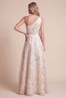 Ivory A-Line One Shoulder Ruched Long Formal Dress