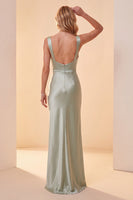 Load image into Gallery viewer, Light Green Satin Sheath Thick Straps Sequin Long Formal Dress with Feathers