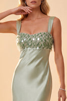 Load image into Gallery viewer, Light Green Satin Sheath Thick Straps Sequin Long Formal Dress with Feathers
