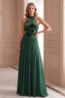 Load image into Gallery viewer, Green A-Line High Neck Floral Ruched Open Back Long Formal Dress