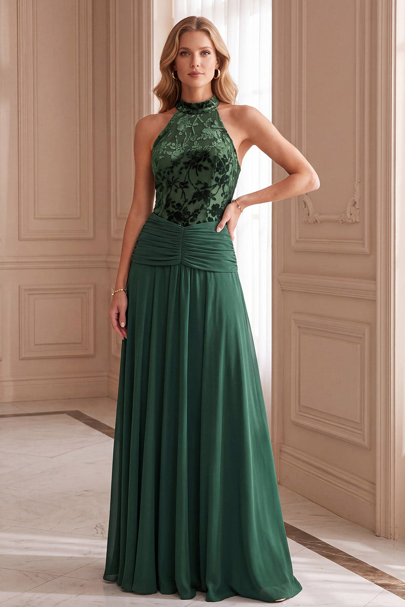 Load image into Gallery viewer, Green A-Line High Neck Floral Ruched Open Back Long Formal Dress