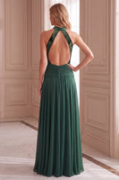 Load image into Gallery viewer, Green A-Line High Neck Floral Ruched Open Back Long Formal Dress