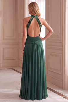 Green A-Line High Neck Floral Ruched Open Back Long Formal Dress