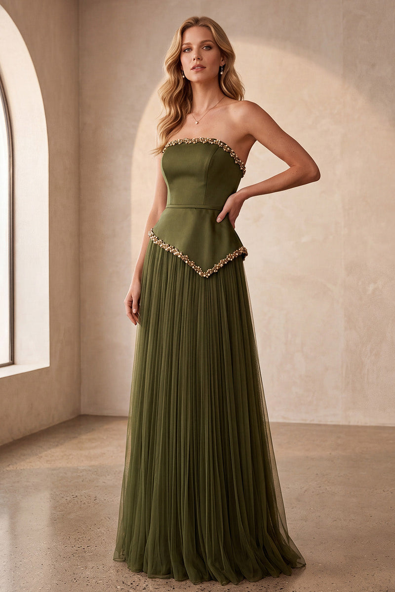 Load image into Gallery viewer, Olive Pleated A-Line Strapless Beaded Tulle Long Formal Dress