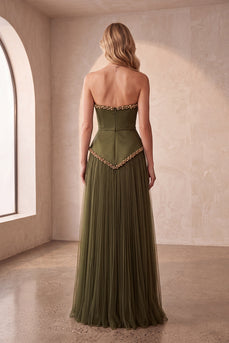 Olive Pleated A-Line Strapless Beaded Tulle Long Formal Dress