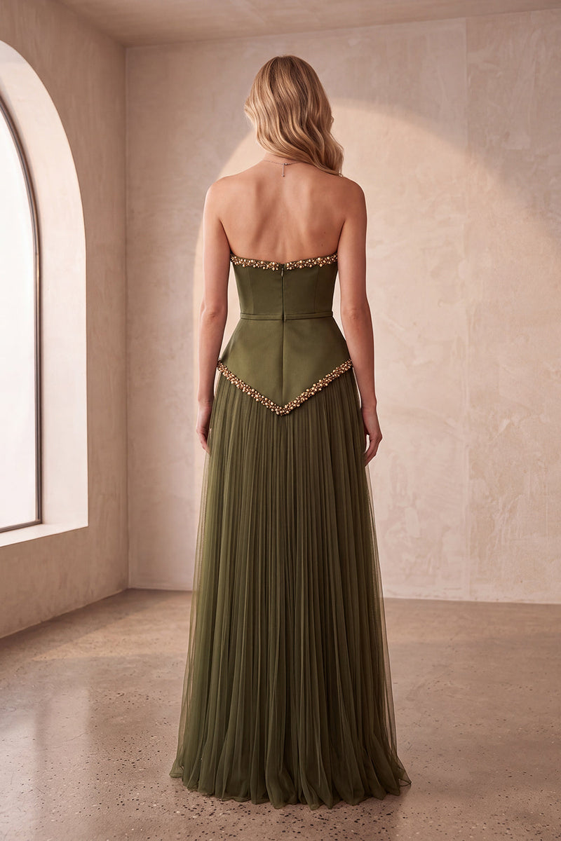 Load image into Gallery viewer, Olive Pleated A-Line Strapless Beaded Tulle Long Formal Dress