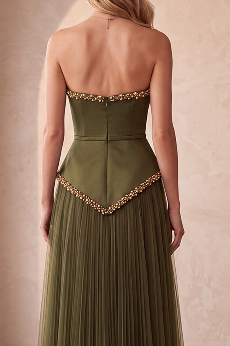 Load image into Gallery viewer, Olive Pleated A-Line Strapless Beaded Tulle Long Formal Dress