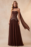 Load image into Gallery viewer, Coffee Chiffon Corset A-Line Beaded Sweetheart Long Formal Dress with Neck Scarf