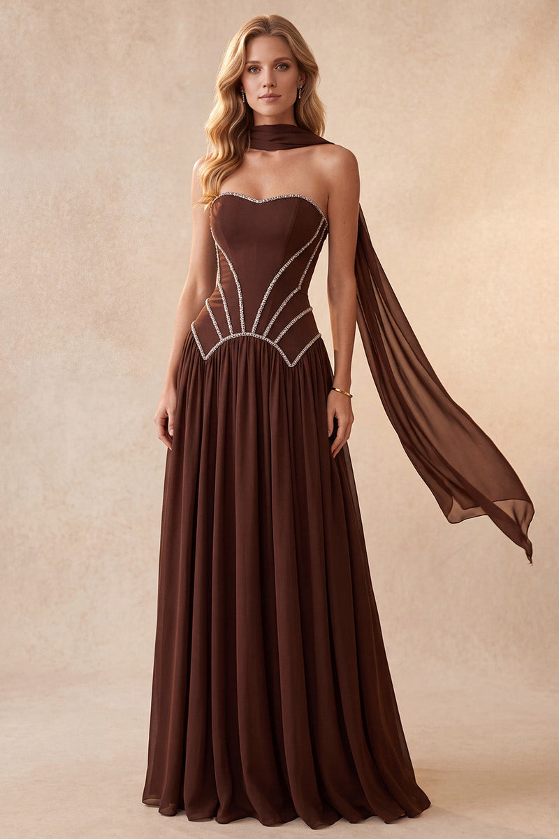 Load image into Gallery viewer, Coffee Chiffon Corset A-Line Beaded Sweetheart Long Formal Dress with Neck Scarf