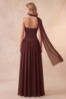 Coffee Chiffon Corset A-Line Beaded Sweetheart Long Formal Dress with Neck Scarf