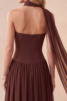 Load image into Gallery viewer, Coffee Chiffon Corset A-Line Beaded Sweetheart Long Formal Dress with Neck Scarf