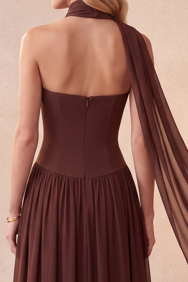 Load image into Gallery viewer, Coffee Chiffon Corset A-Line Beaded Sweetheart Long Formal Dress with Neck Scarf